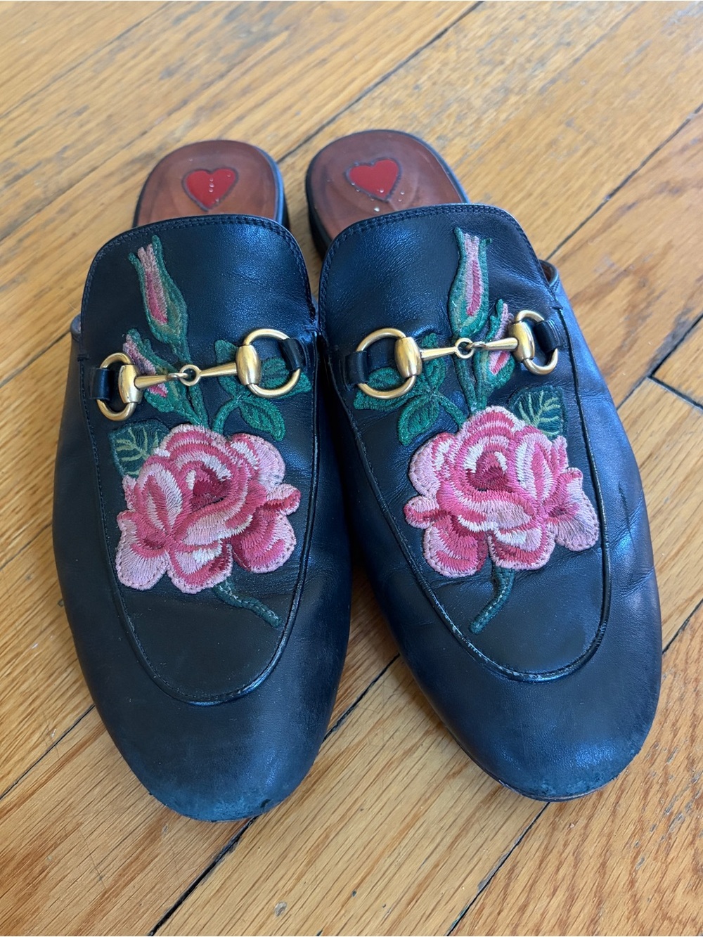 GUCCI black leather PRINCETOWN ROSE Mules Shoes, 37 fits 36.5/6.5 RARE